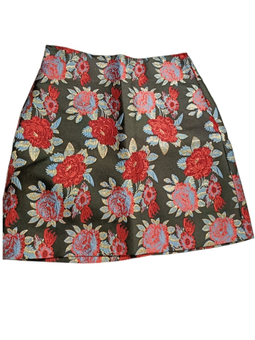 Simons Black Mini Skirt with Red and Blue Floral Jacquard